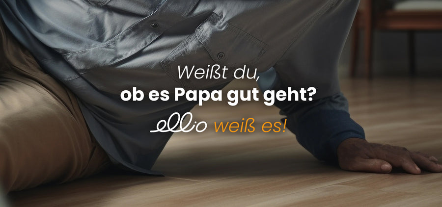 Mann liegt nach einem Sturz am Boden. Text: Weißt du, ob es Papa gut geht? ellio weiß es!