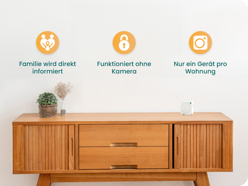 ellio Hausnotruf auf Holzkommode mit Vorteilspunkten Familie direkt informiert, Ohne Kamera, ein Gerät pro Wohnung